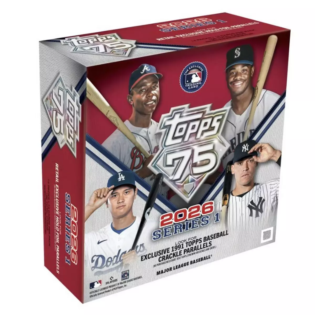 Topps 75th Anniversary baseball trading card box with player images and branding.