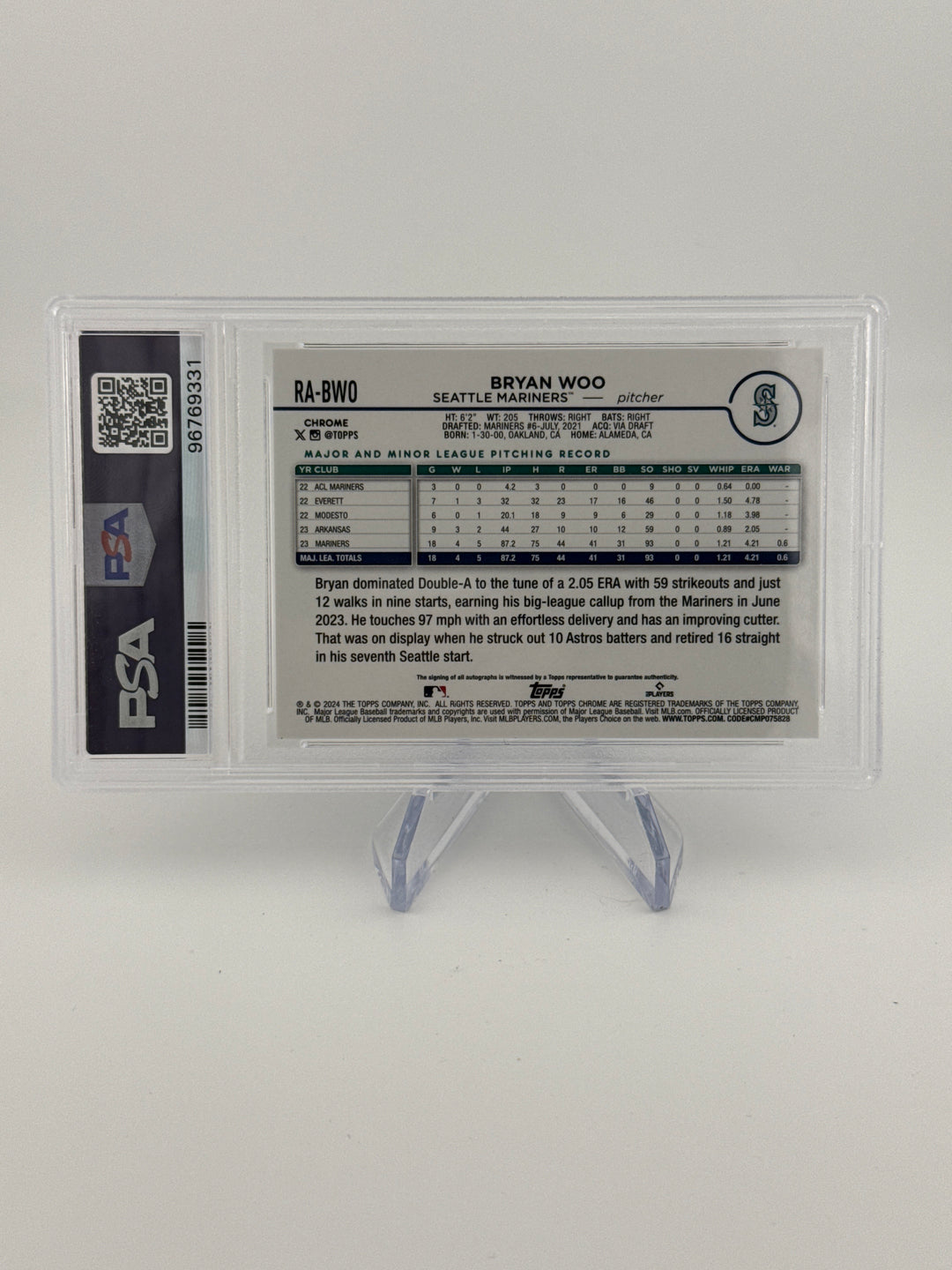 Bryan Woo 2024 Topps Chrome Rookie Auto Blue Refractor, 005/150, PSA 9 Mint