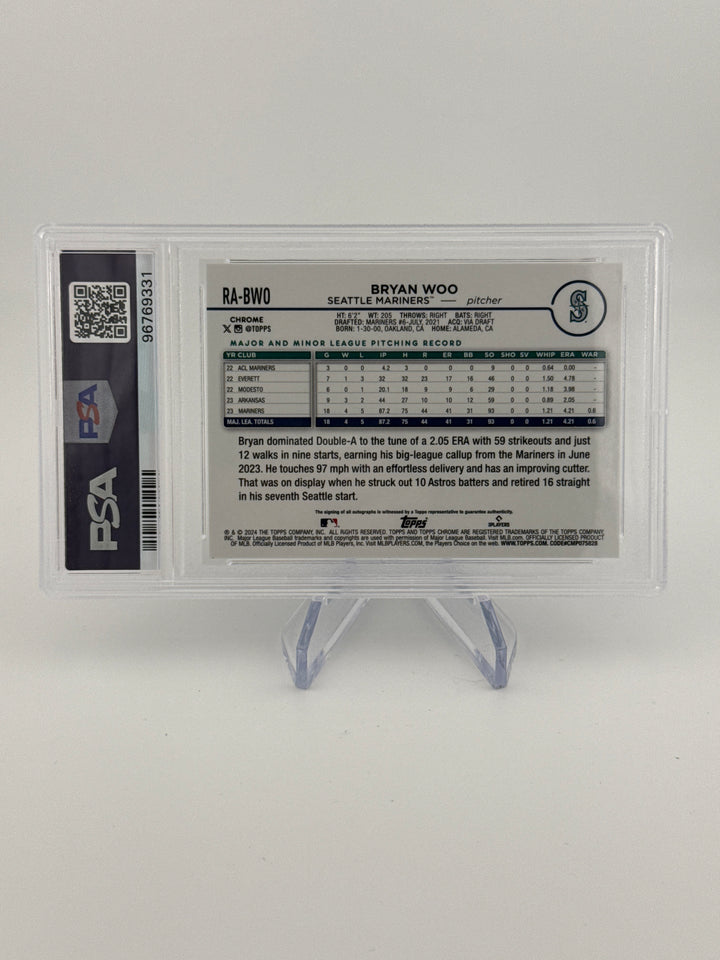 Bryan Woo 2024 Topps Chrome Rookie Auto Blue Refractor, 005/150, PSA 9 Mint