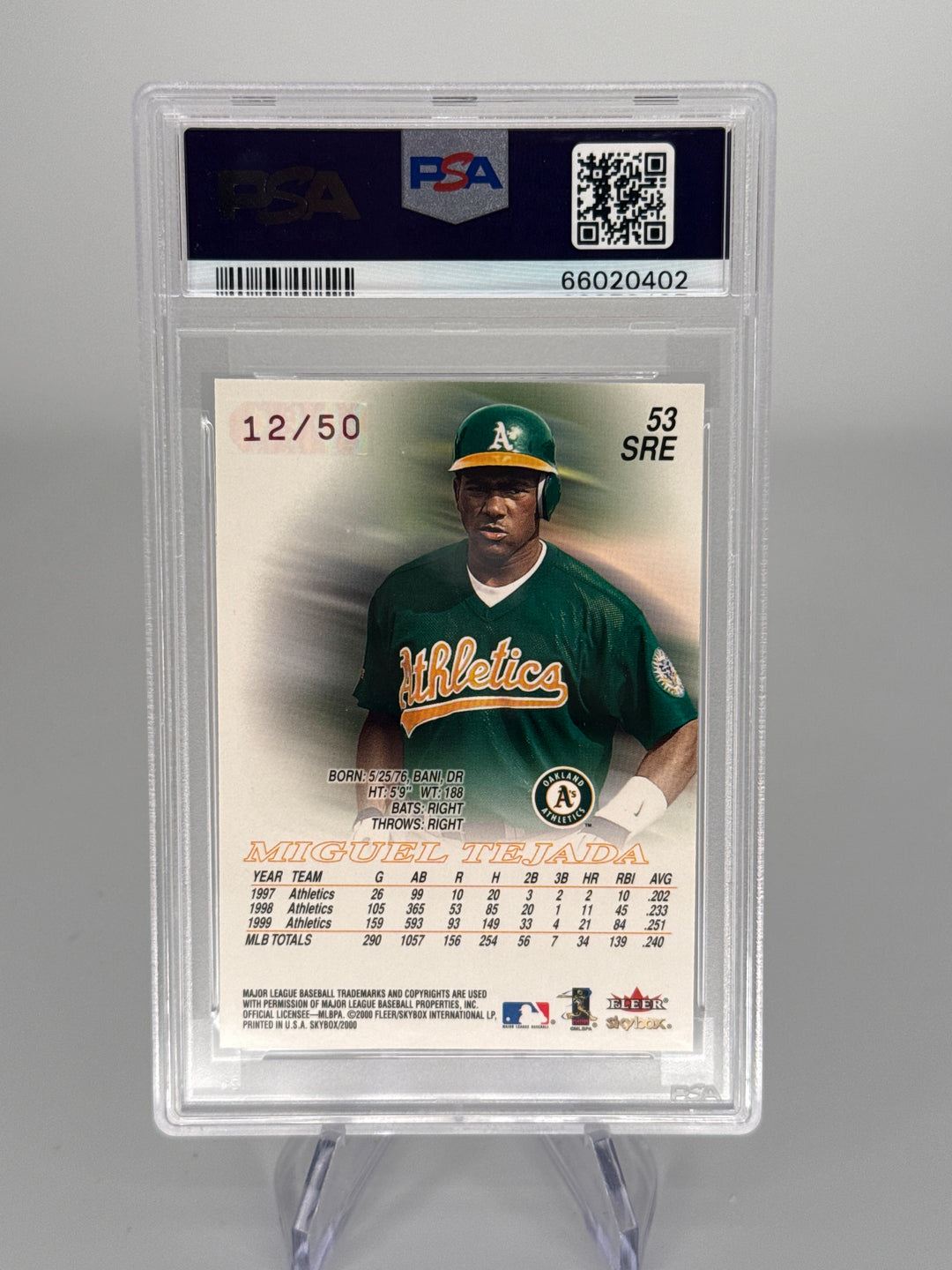 Miguel Tejada 2000 Skybox Star Rubies Extreme, 12/50, PSA 9 Mint