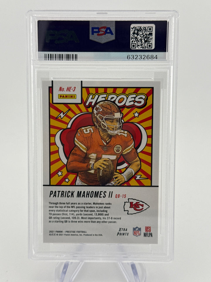 Patrick Mahomes 2021 Panini Prestige Heroes Red, 090/299, PSA 9 Mint
