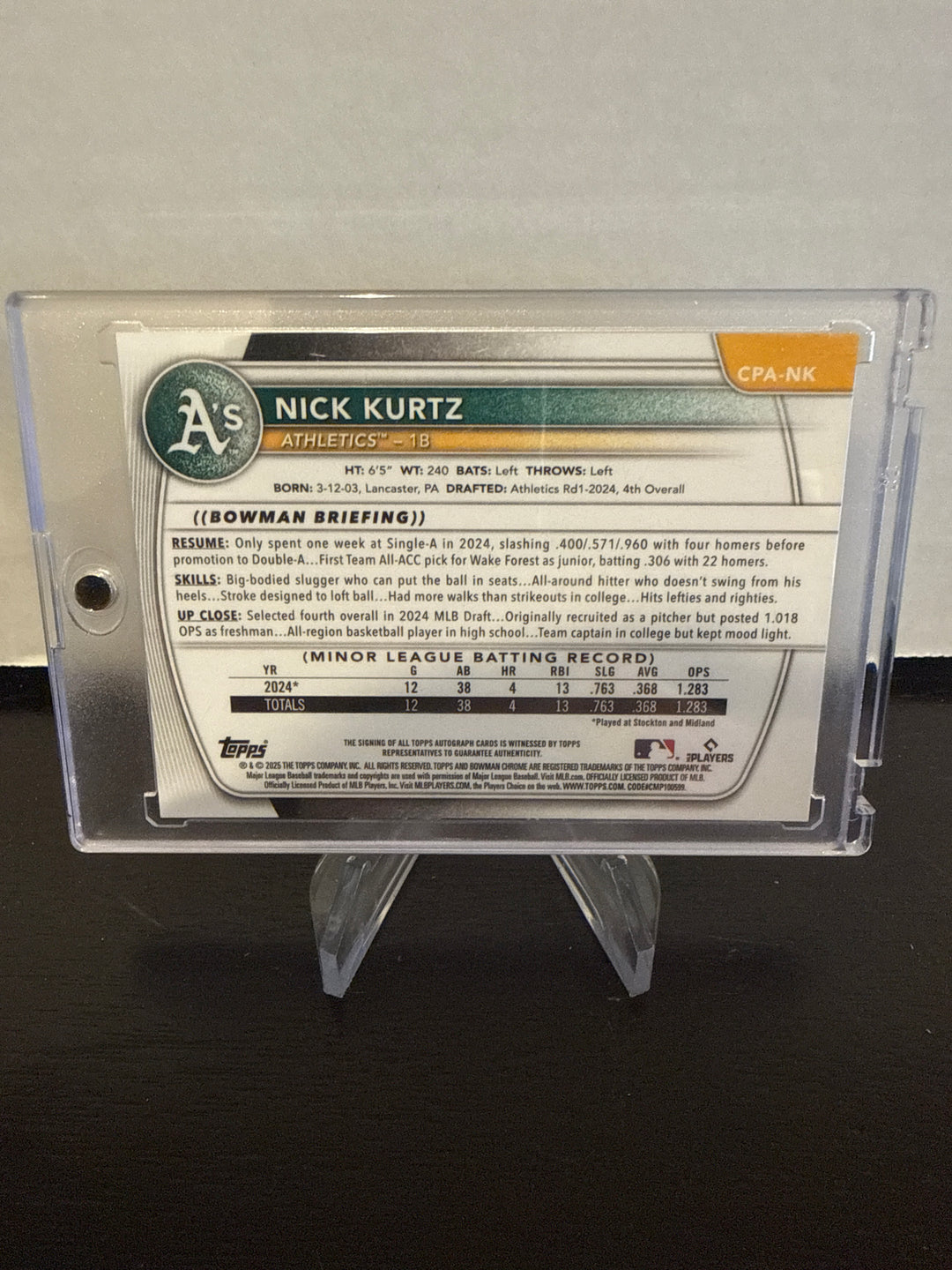 Nick Kurtz 2025 Bowman Chrome Prospect Purple Refractor Auto, 050/250