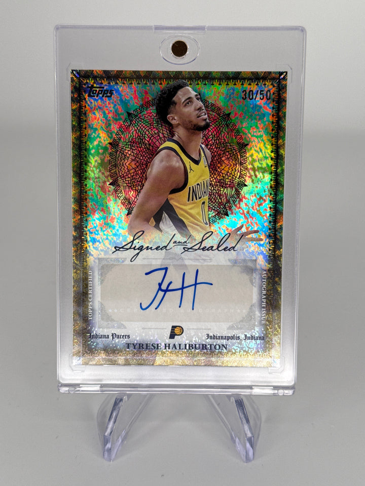 Tyrese Haliburton 2025 Topps Basketball Signed & Sealed Gold Foil Auto, 30/50