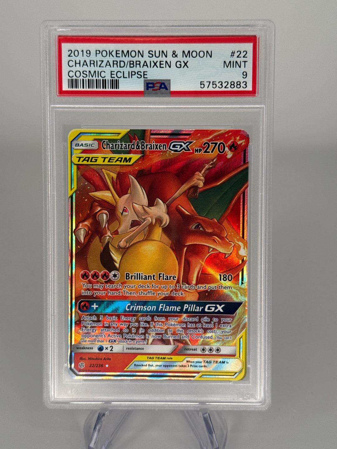 Pokemon TCG 2019 Charizard & Braixen Tag Team Cosmic Eclipse Full Art Holo, 22/236, PSA 9 Mint