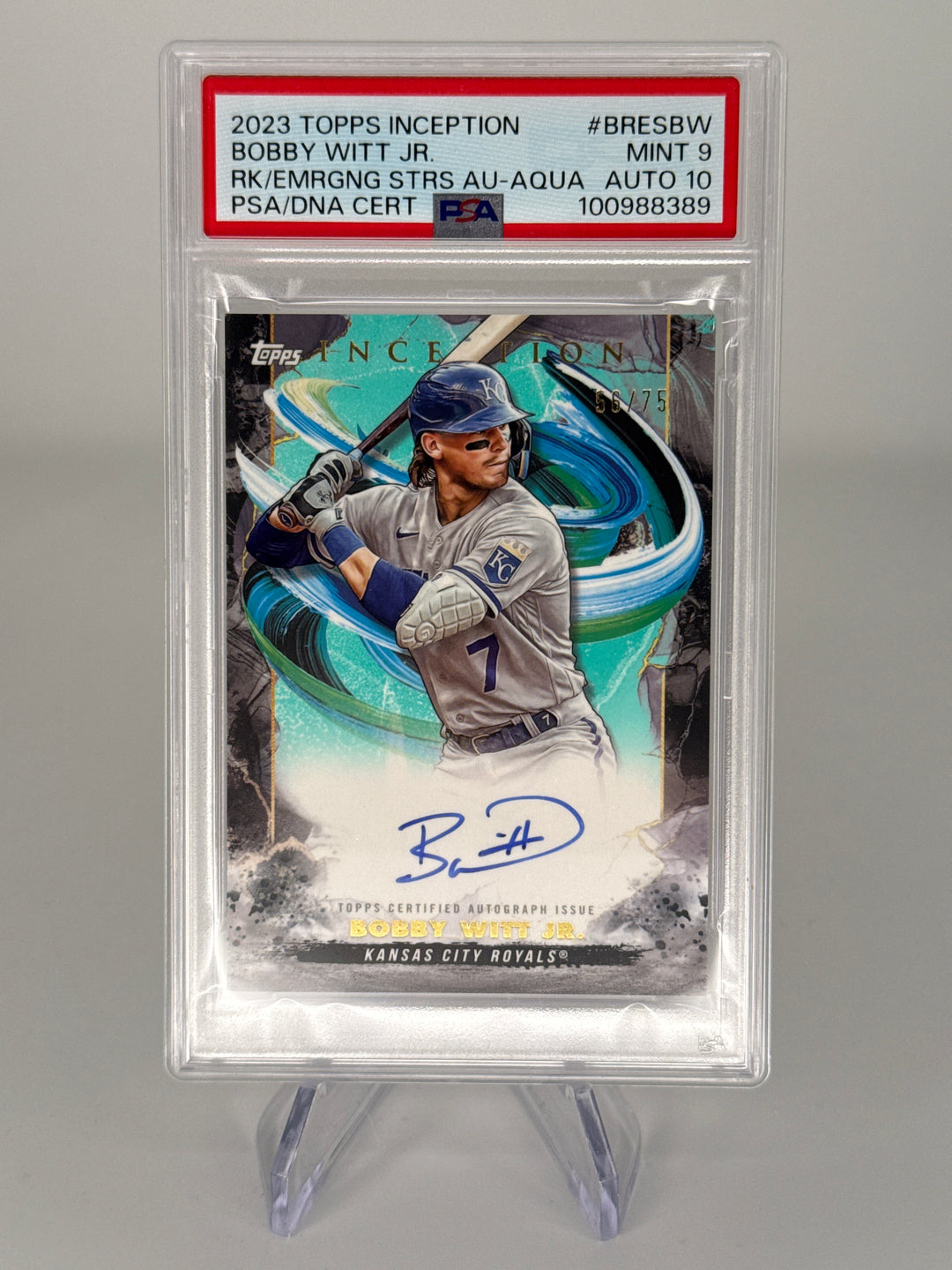Bobby Witt Jr 2023 Topps Inception Emerging Stars Aqua Auto, 56/75, PSA 9 Mint, PSA 10 Auto