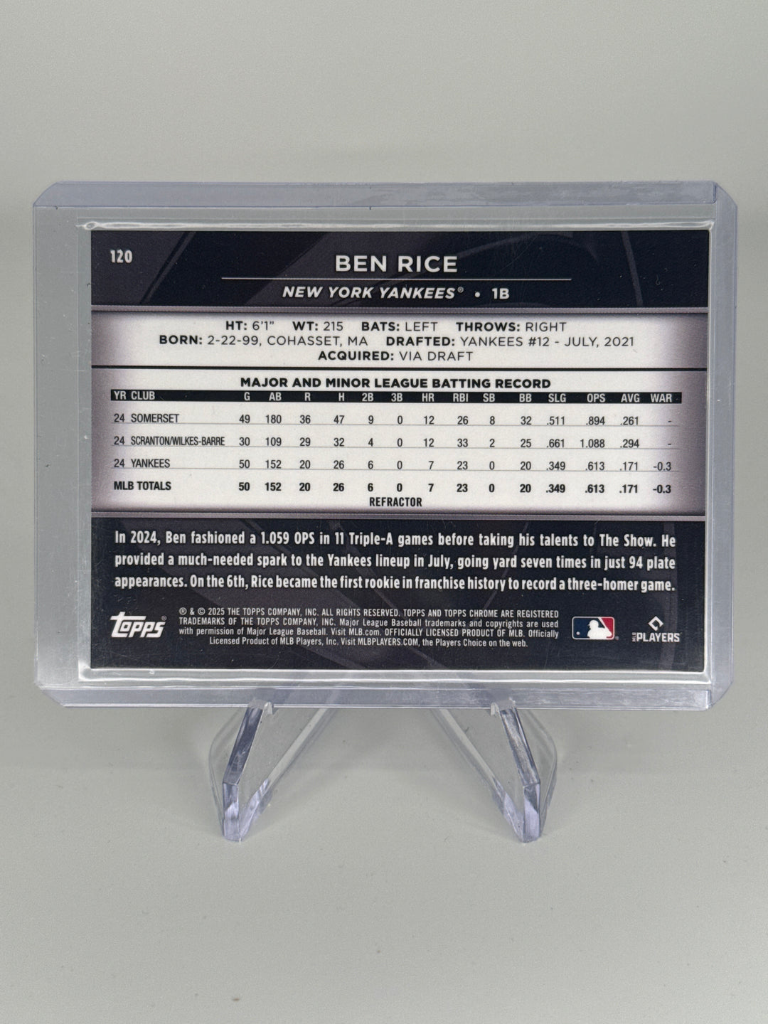 Ben Rice 2025 Topps Chrome Black Rookie Refractor, 196/199