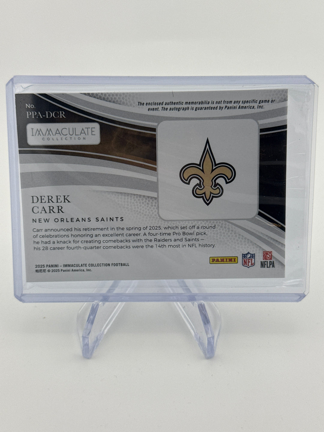 Derek Carr 2025 Panini Immaculate Premium Patch Auto, 07/99