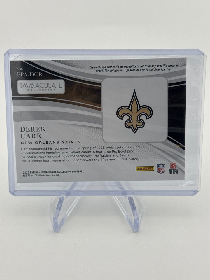 Derek Carr 2025 Panini Immaculate Premium Patch Auto, 07/99