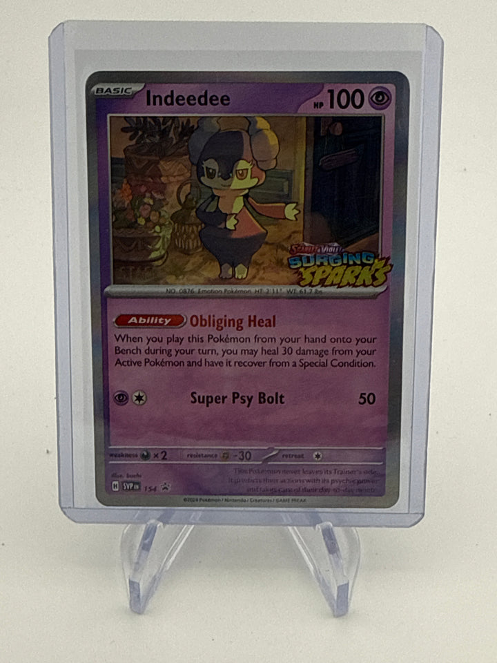 Pokemon TCG 2024 Indeedee Surging Sparks Stamped Staff Black Star Promo, 154