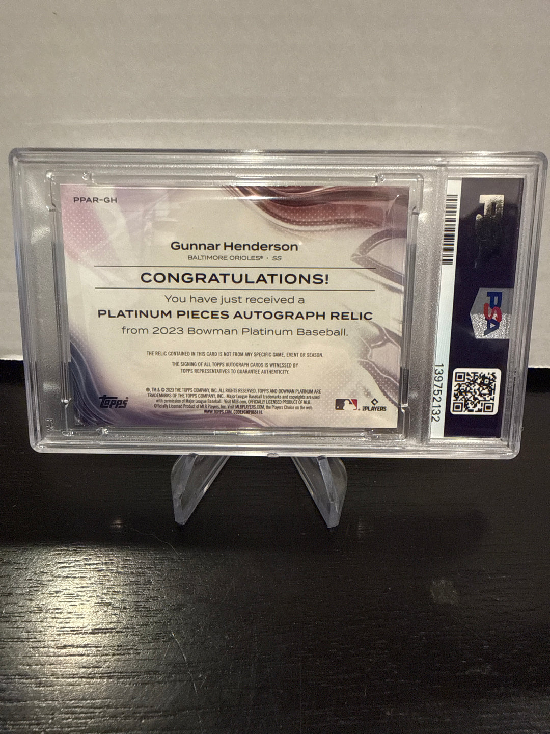 Gunnar Henderson 2023 Bowman Platinum Rookie Patch Auto, 44/99, PSA 9 Mint