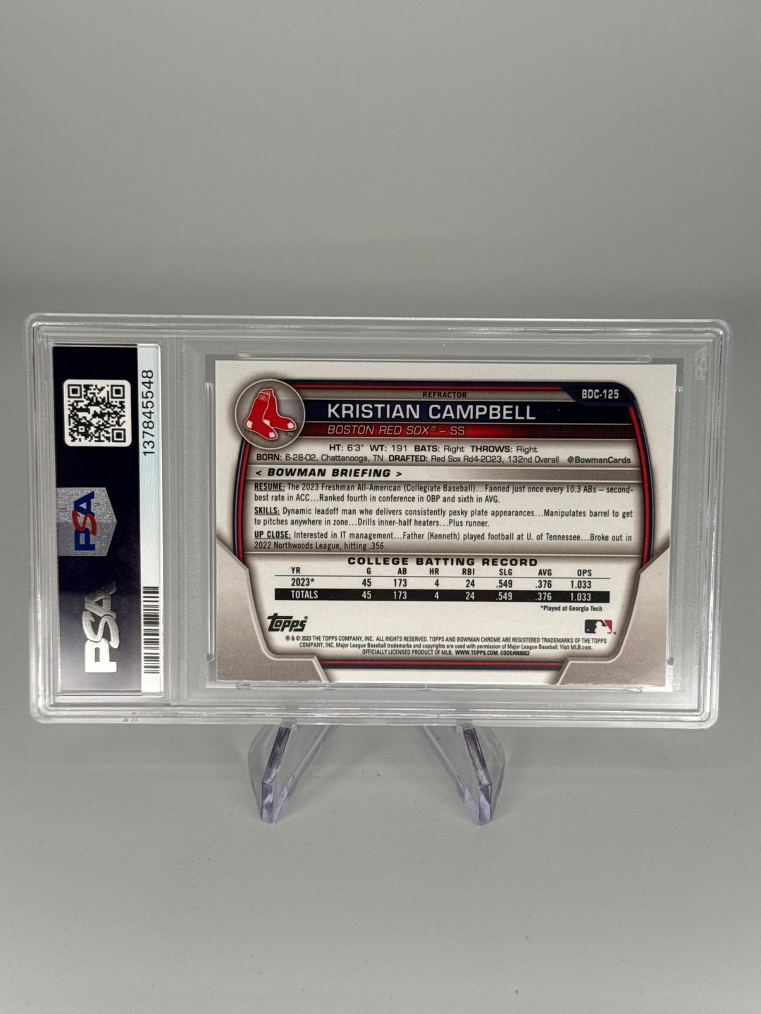Kristian Campbell 2023 Bowman Chrome Draft 1st Refractor, PSA 10 Gem Mint