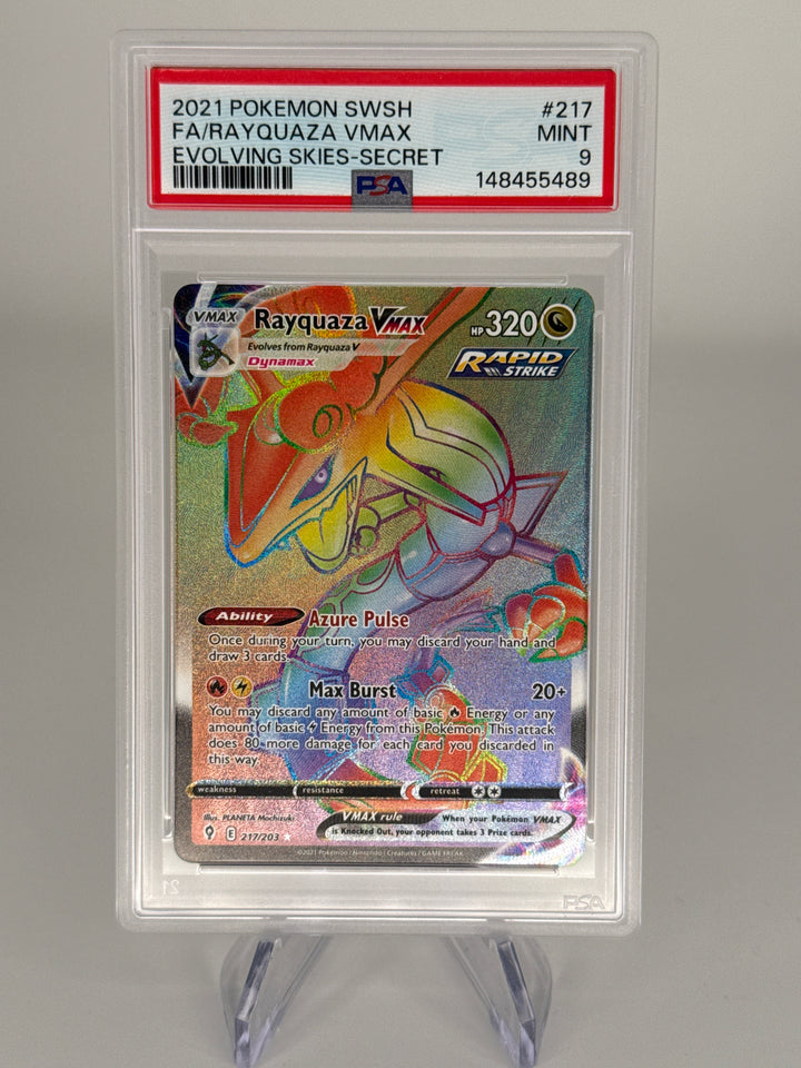 Pokemon TCG 2021 Rayquaza VMax Evolving Skies Secret Rare Full Art, 217/203, PSA 9 Mint