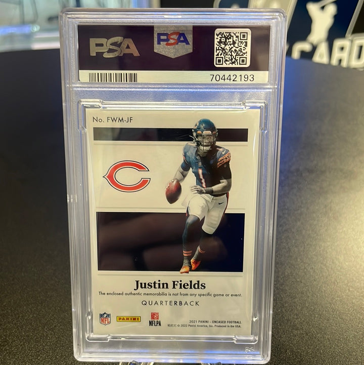 Justin Fields 2021 Panini Encased Rookie Future Wave Relic Gold, 14/25, PSA 9 Mint