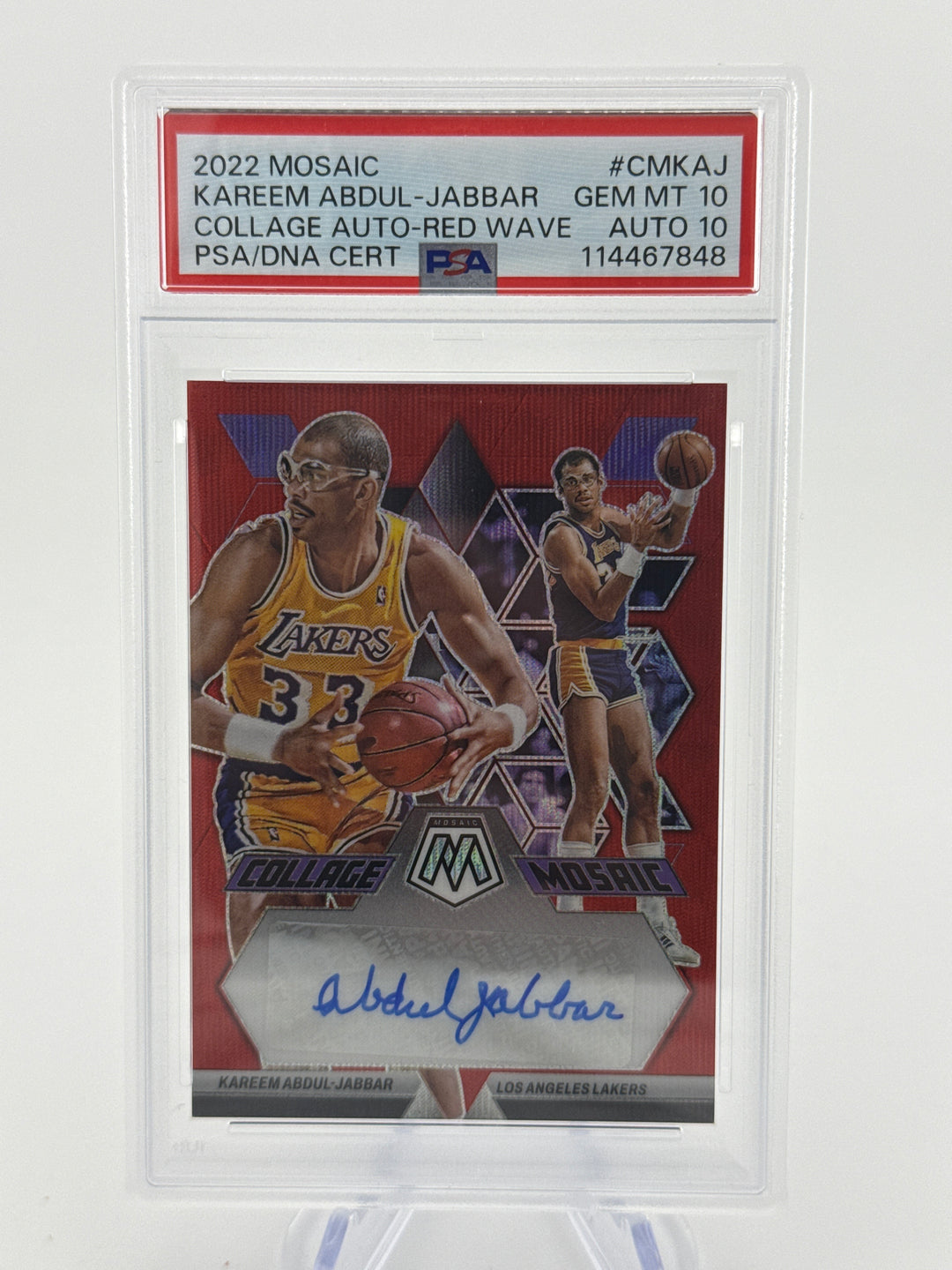 Kareem Abdul-Jabbar 2022 Panini Mosaic Red Wave Collage Auto, PSA 10 Gem Mint, PSA 10 Auto