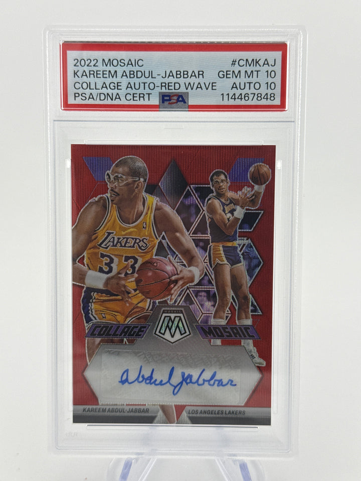 Kareem Abdul-Jabbar 2022 Panini Mosaic Red Wave Collage Auto, PSA 10 Gem Mint, PSA 10 Auto