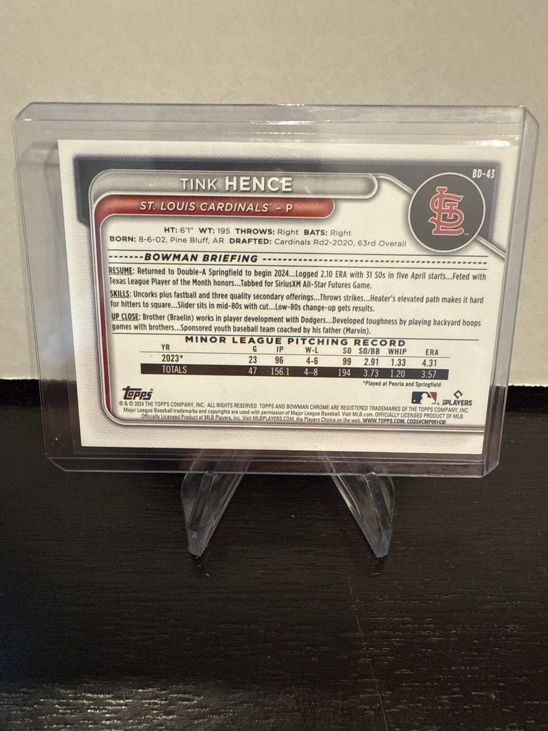 Tink Hence 2024 Bowman Paper Prospect Red, 3/5