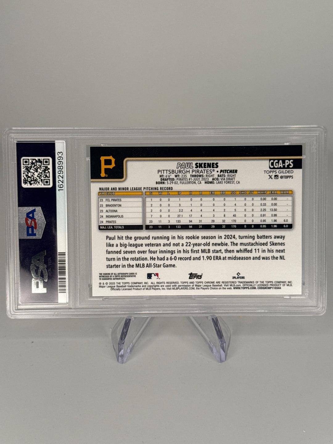 Paul Skenes 2025 Topps Chrome Gilded Collection Blue/Gold Auto, 12/50, PSA 9 Mint