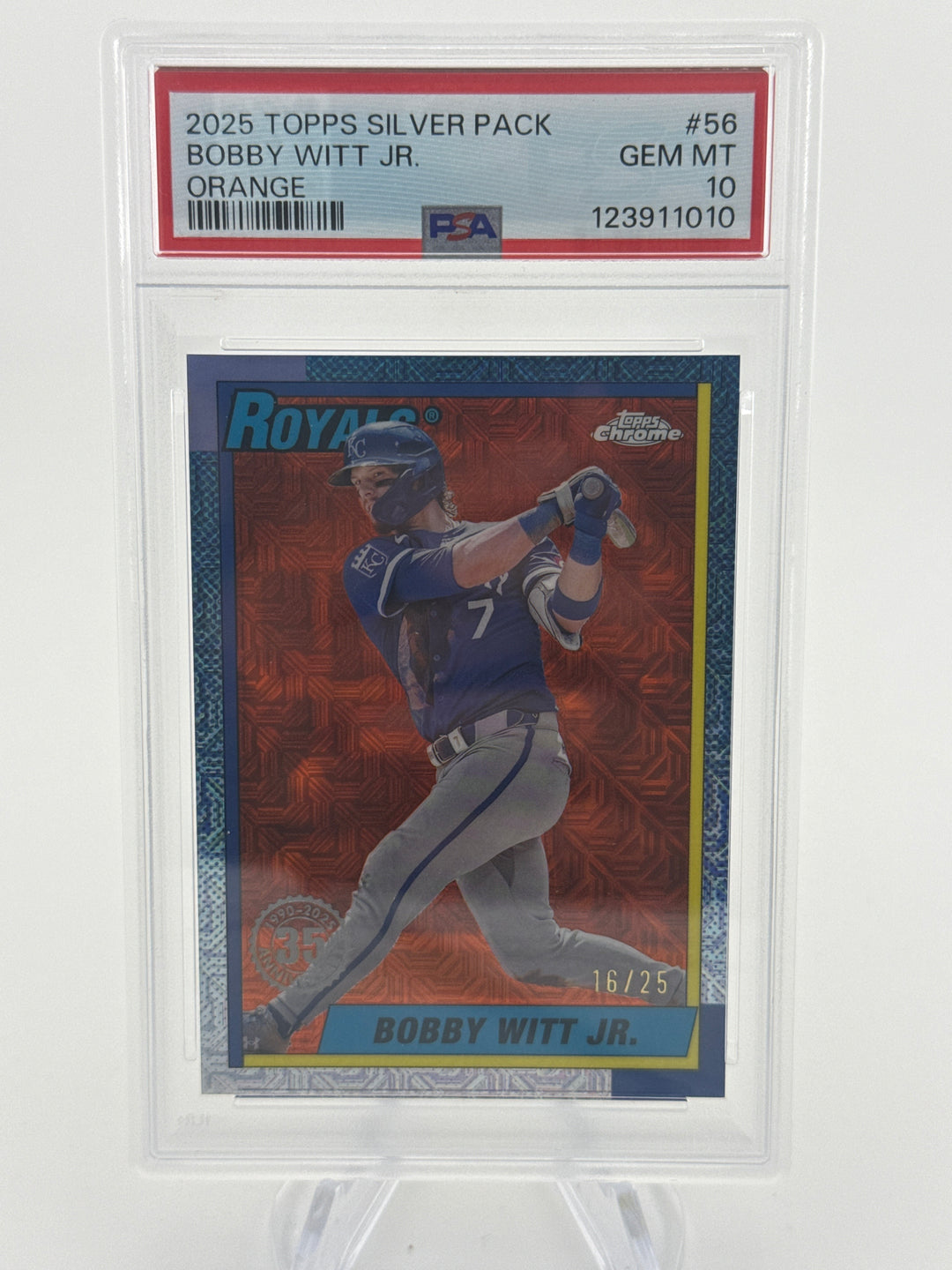 Bobby Witt Jr 2025 Topps Silver Pack Orange Refractor, 16/25, PSA 10 Gem Mint
