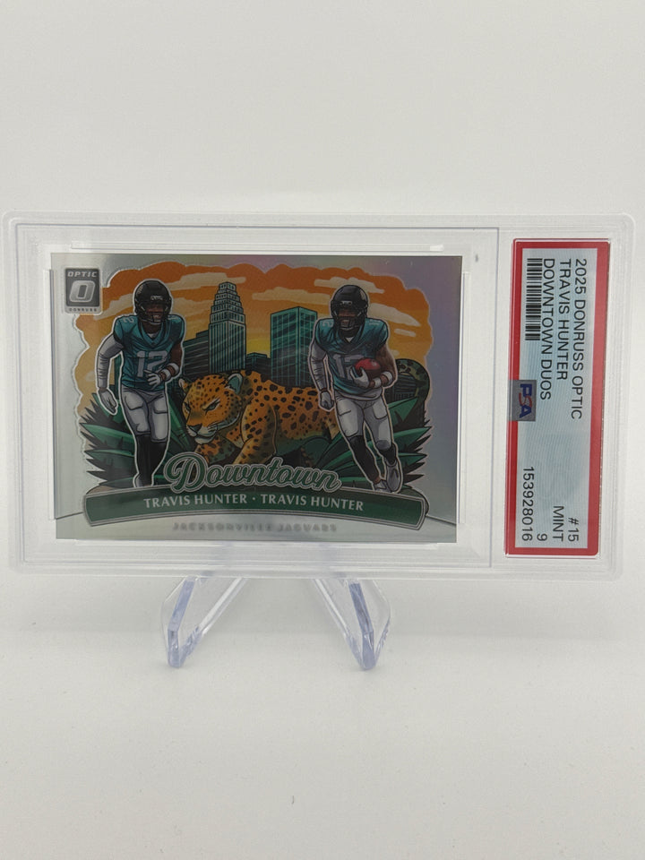 Travis Hunter/Travis Hunter 2025 Panini Donruss Optic SSP Dual Downtown Case Hit Rookie, PSA 9 Mint