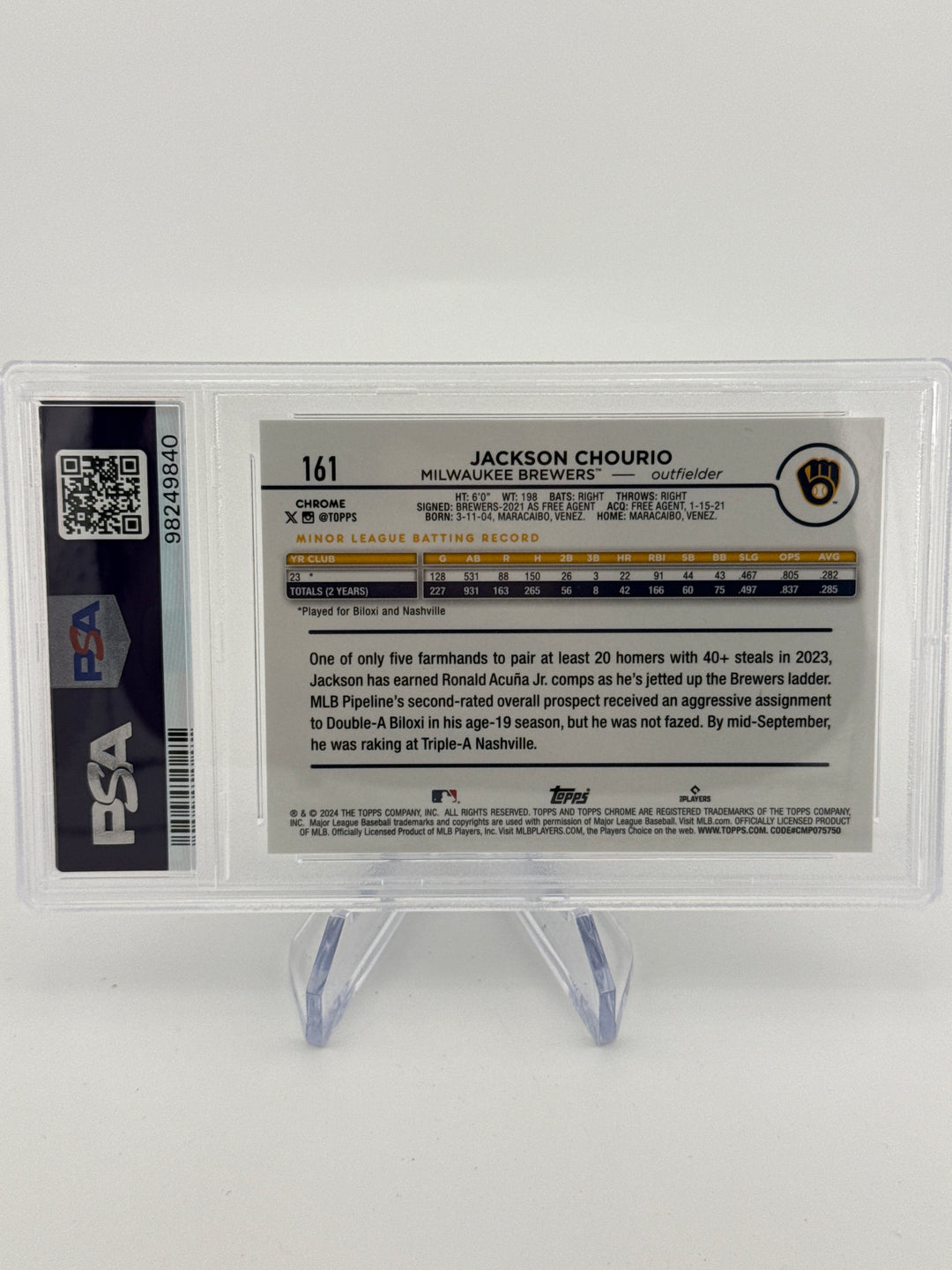 Jackson Chourio 2024 Topps Chrome Variation Rookie, PSA 10 Gem Mint