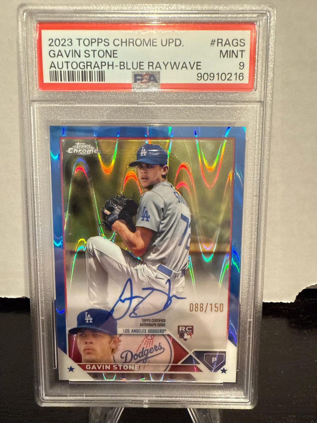 Gavin Stone 2023 Topps Chrome Update Blue Raywave Rookie Auto, 088/150, PSA 9 Mint