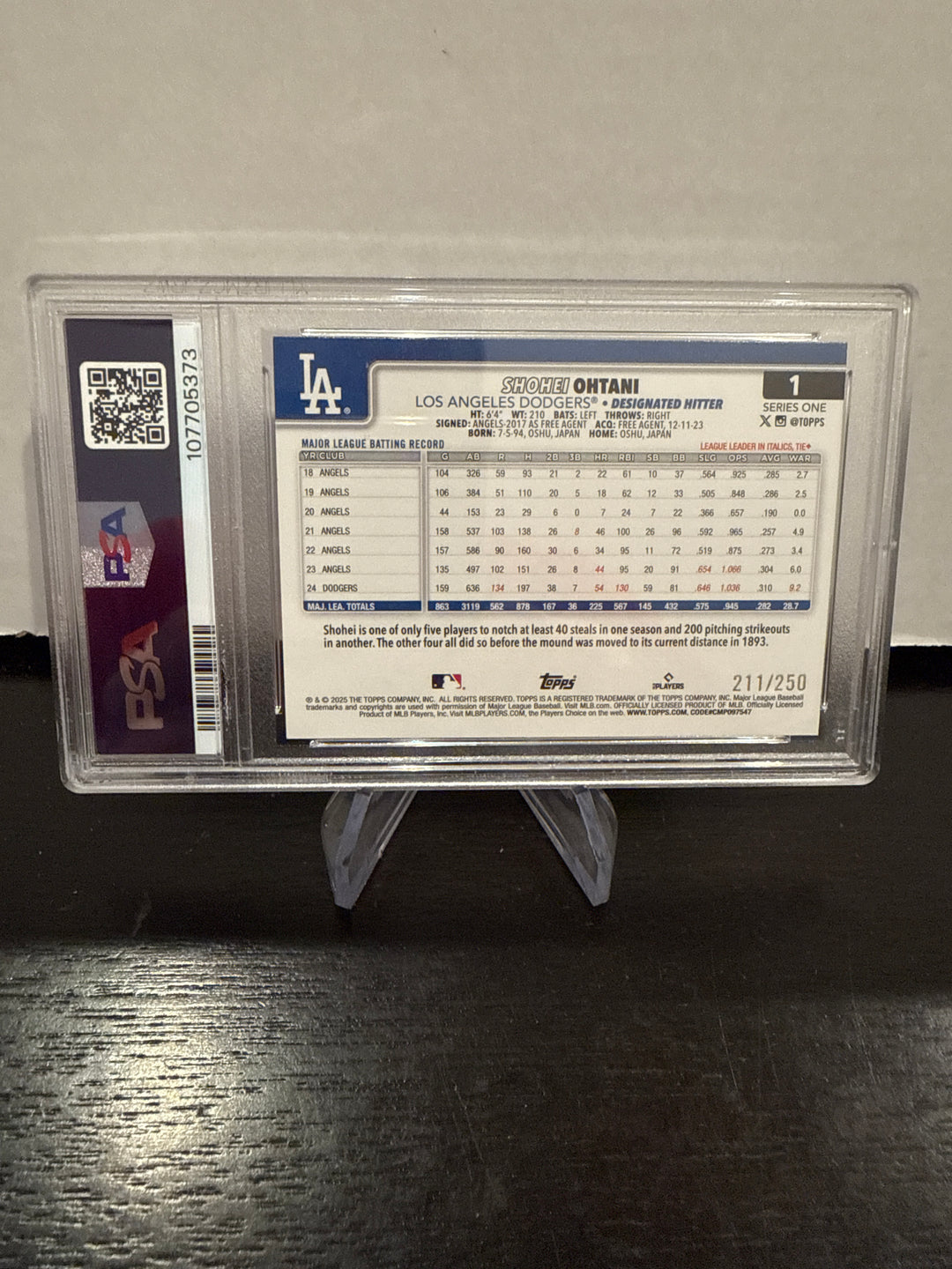 Shohei Ohtani 2025 Topps Series One Purple Holo Foil, 211/250, PSA 9 Mint