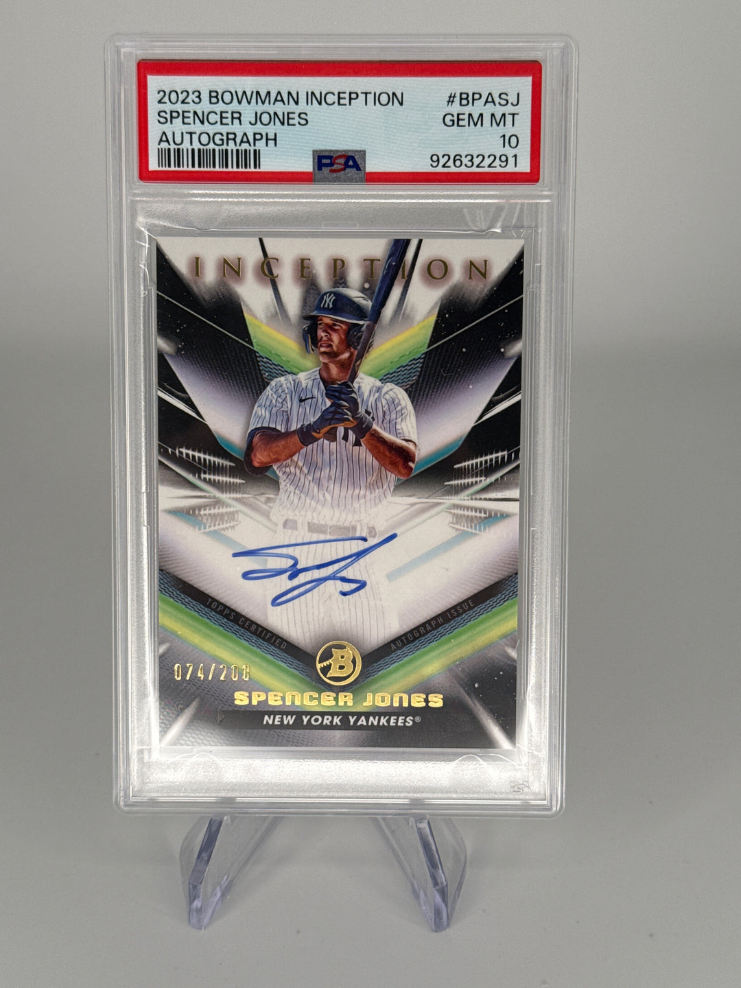 Spencer Jones 2023 Bowman Inception Prospect Auto, 074/200, PSA 10 Gem Mint