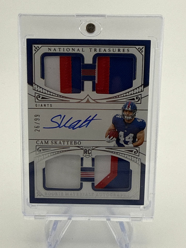 Cam Skattebo 2025 Panini National Treasures Quad Rookie Materials Auto, 26/99