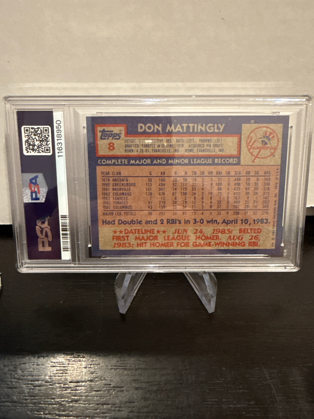 Don Mattingly 1984 Topps Rookie, PSA 8