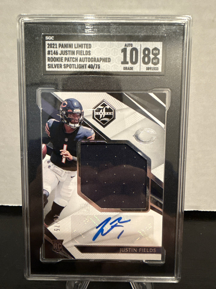 Justin Fields 2021 Panini Limited Silver Spotlight Rookie Patch Auto, 40/75, SGC 8, SGC 10 Auto