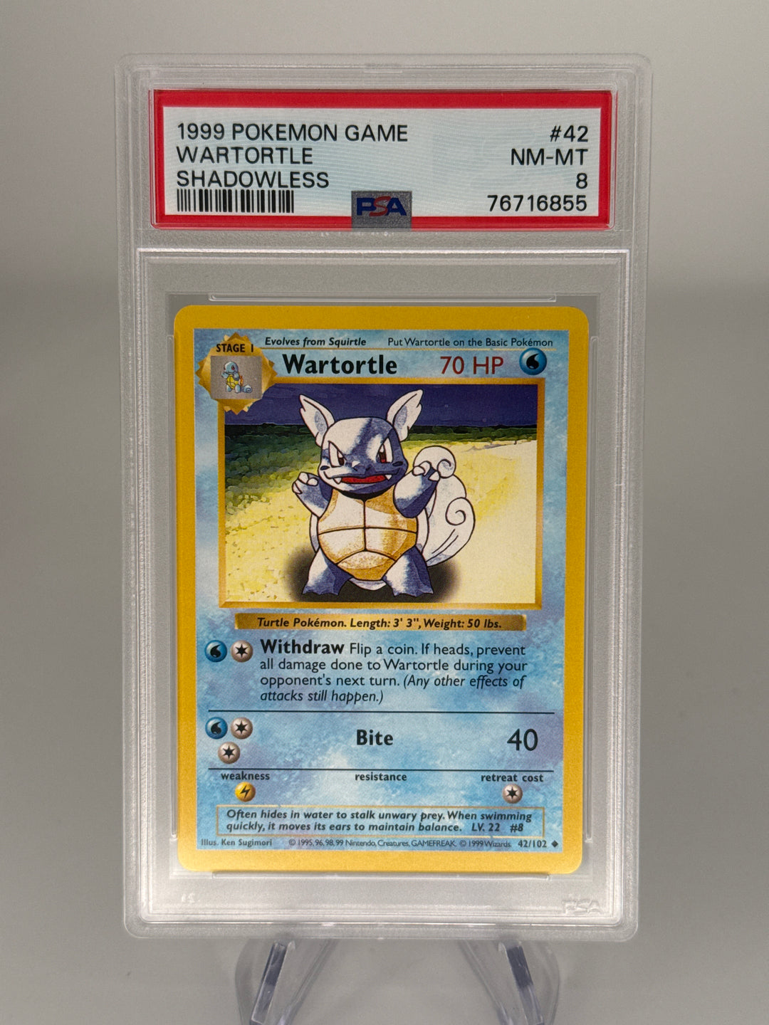 Pokemon TCG 1999 Wartortle Shadowless Base Set, 42/102, PSA 8