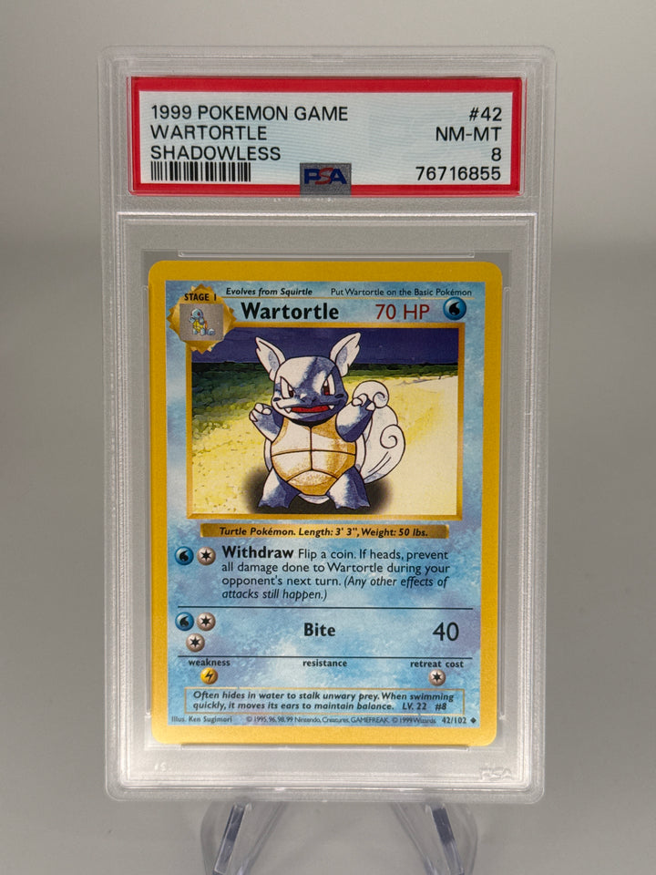 Pokemon TCG 1999 Wartortle Shadowless Base Set, 42/102, PSA 8