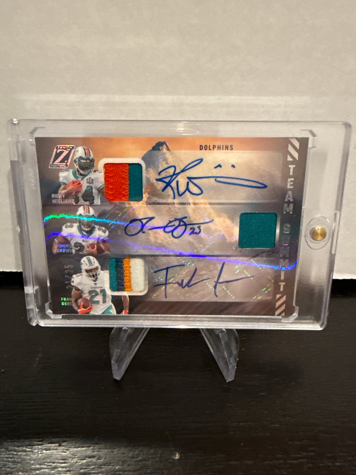 Ricky Williams/Ronnie Brown/Frank Gore 2023 Panini Zenith Team Summit Triple Patch Auto, 21/25