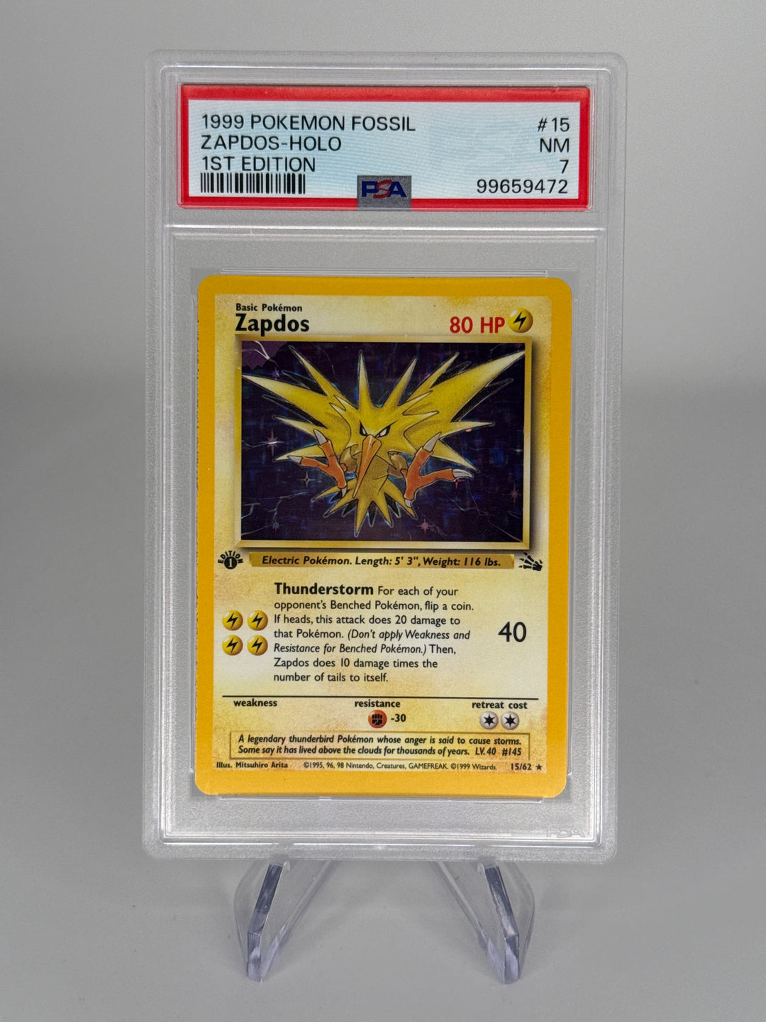 Pokemon TCG 1999 Zapdos 1st Edition Fossil Holo, 15/62, PSA 7