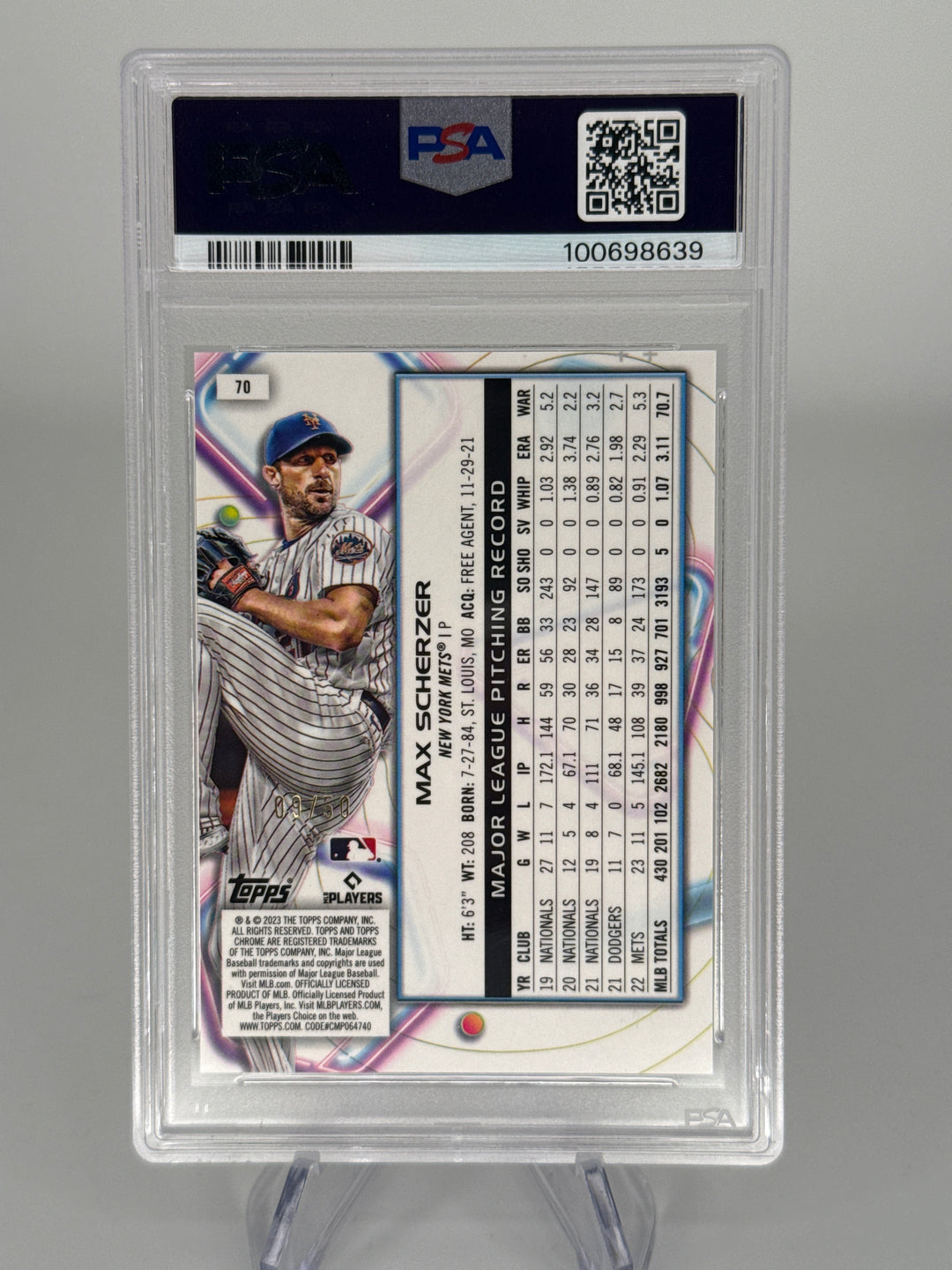 Max Scherzer 2023 Topps Cosmic Chrome Gold Interstellar Refractor, 09/50, PSA 10 Gem Mint