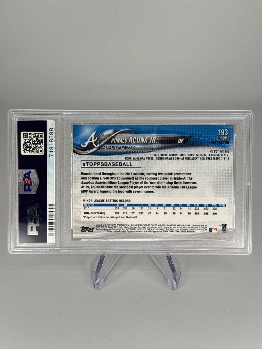 Ronald Acuna 2018 Topps Chrome Rookie Refractor, PSA 9 Mint