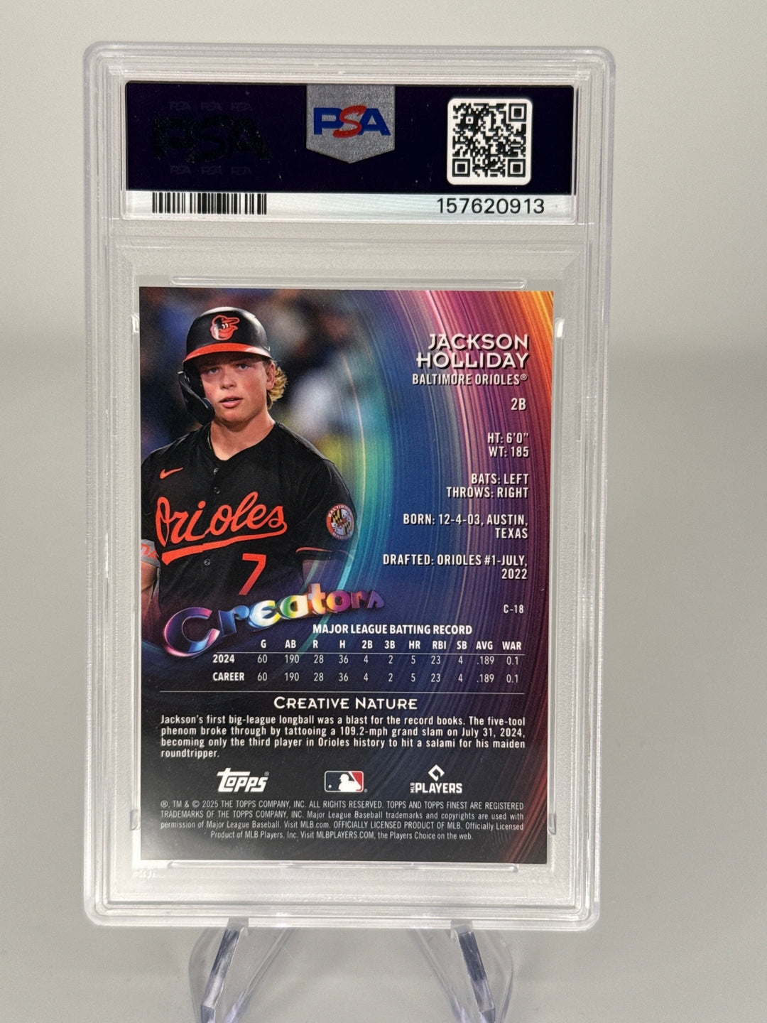 Jackson Holliday 2025 Topps Finest Creators Black Refractor, 09/10, PSA 9 Mint