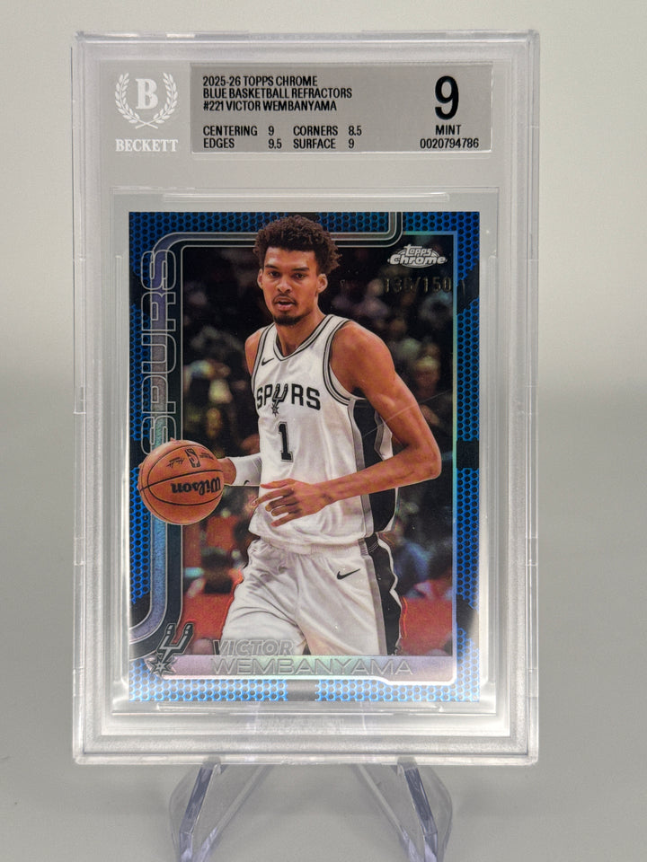 Victor Wembanyama 2025 Topps Chrome Blue Basketball Refractor, 136/150, BGS 9 Mint