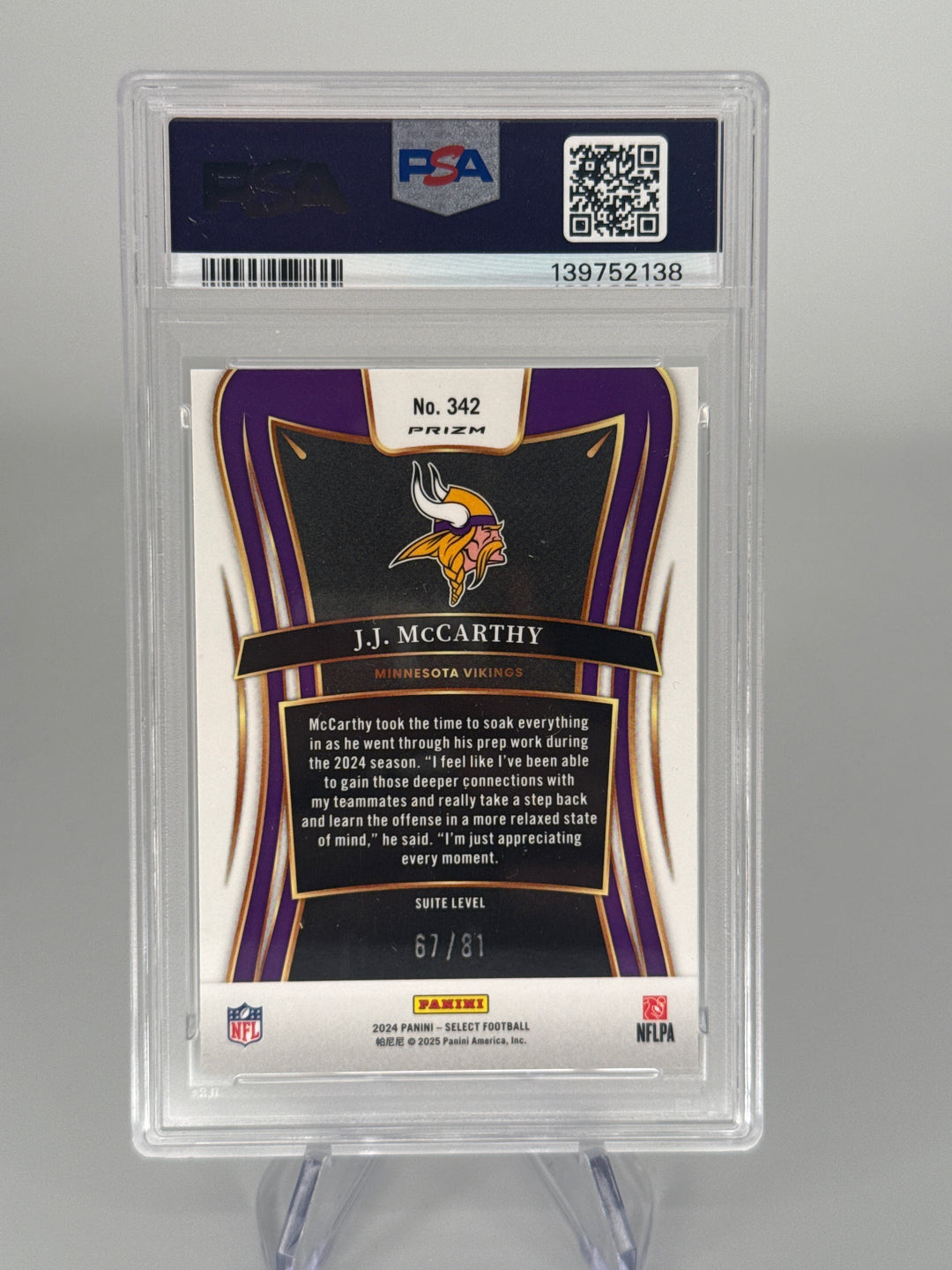 JJ McCarthy 2024 Panini Select Dragon Scale Rookie, 40/49, PSA 9 Mint