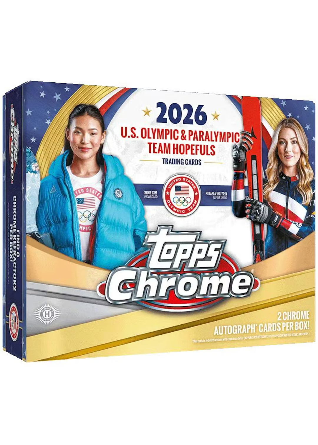 A box of 2026 Topps Chrome US Olympic & Paralympic Team Hopefuls Trading Cards with Gold, Navy, and Red designs.