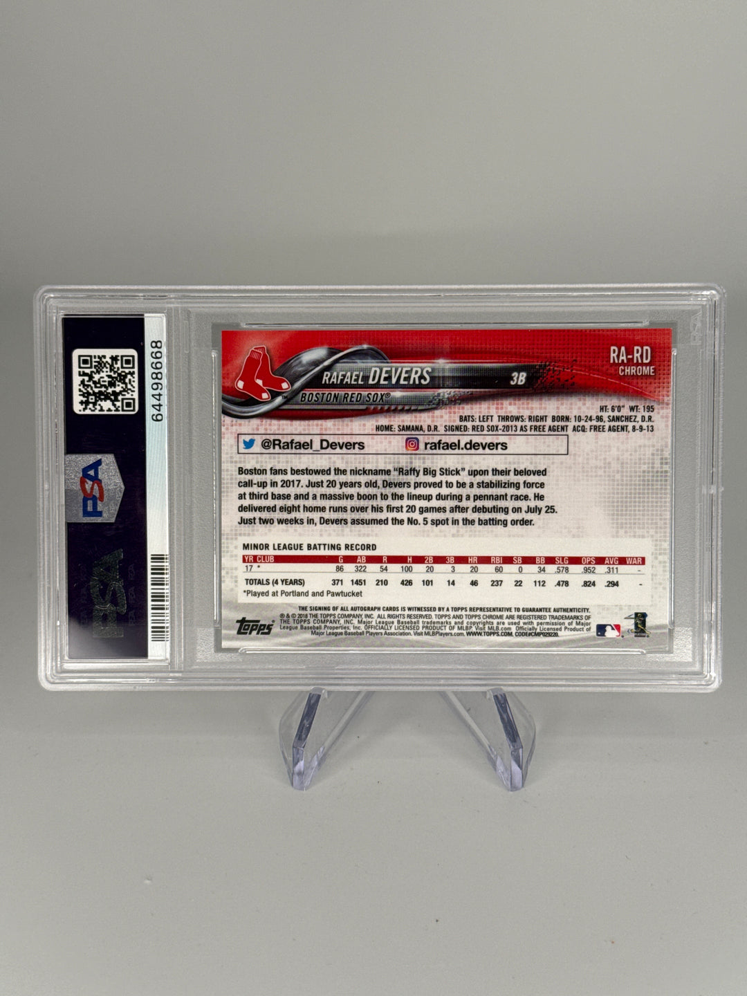 Rafael Devers 2018 Topps Chrome Rookie Auto, PSA 9 Mint