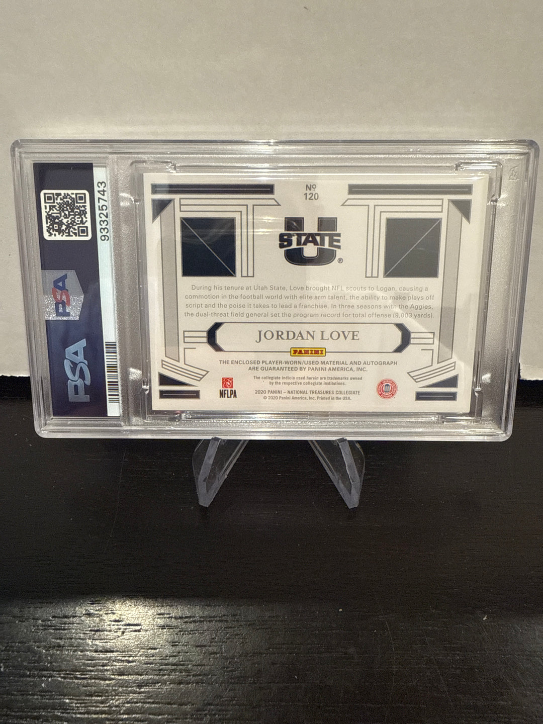 Jordan Love 2020 Panini National Treasures Collegiate Rookie Patch Auto, 15/99, PSA 9 Mint