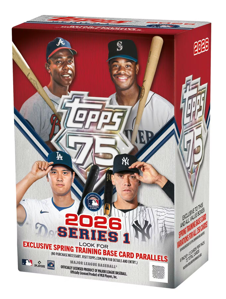 Topps 2026 Series 1 trading card packaging with baseball players on a red and white background