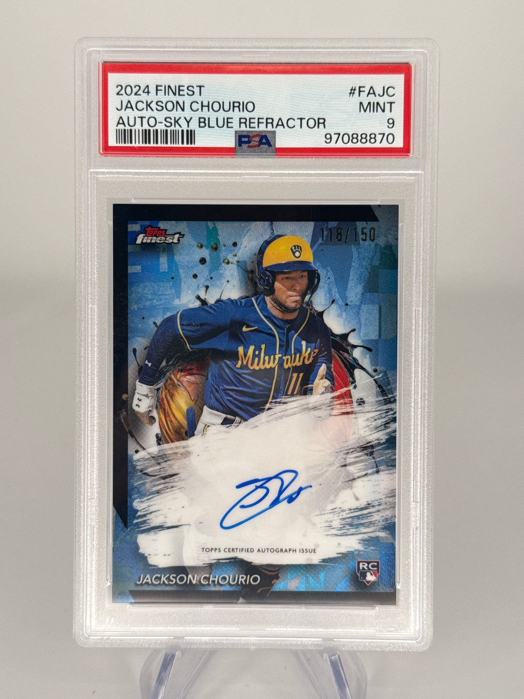 Jackson Chourio 2024 Topps Finest Sky Blue Refractor Rookie Auto, 118/150, PSA 9 Mint