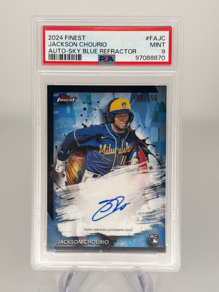 Jackson Chourio 2024 Topps Finest Sky Blue Refractor Rookie Auto, 118/150, PSA 9 Mint