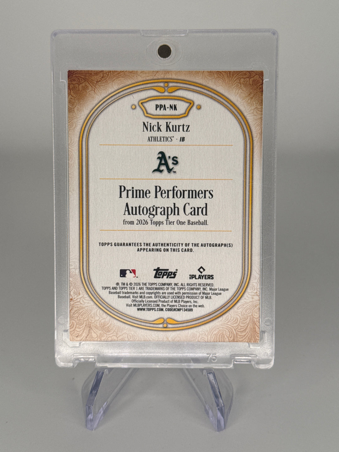 Nick Kurtz 2026 Topps Tier One Prime Performers Blue Foil Auto, 07/75