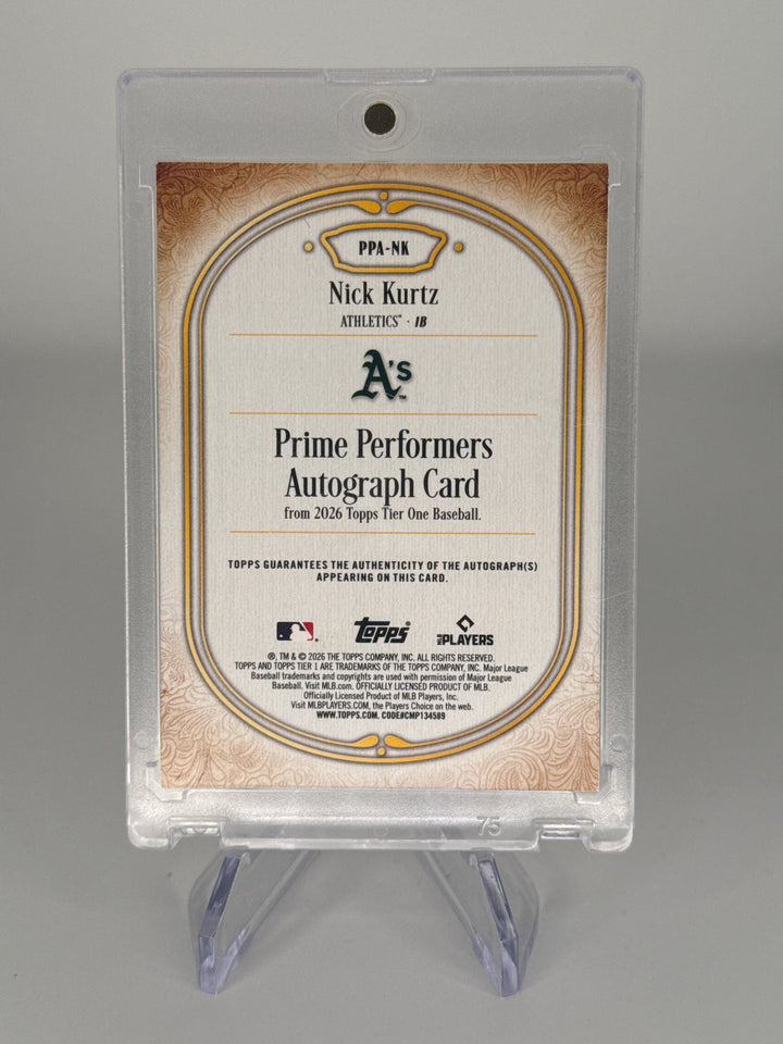 Nick Kurtz 2026 Topps Tier One Prime Performers Blue Foil Auto, 07/75
