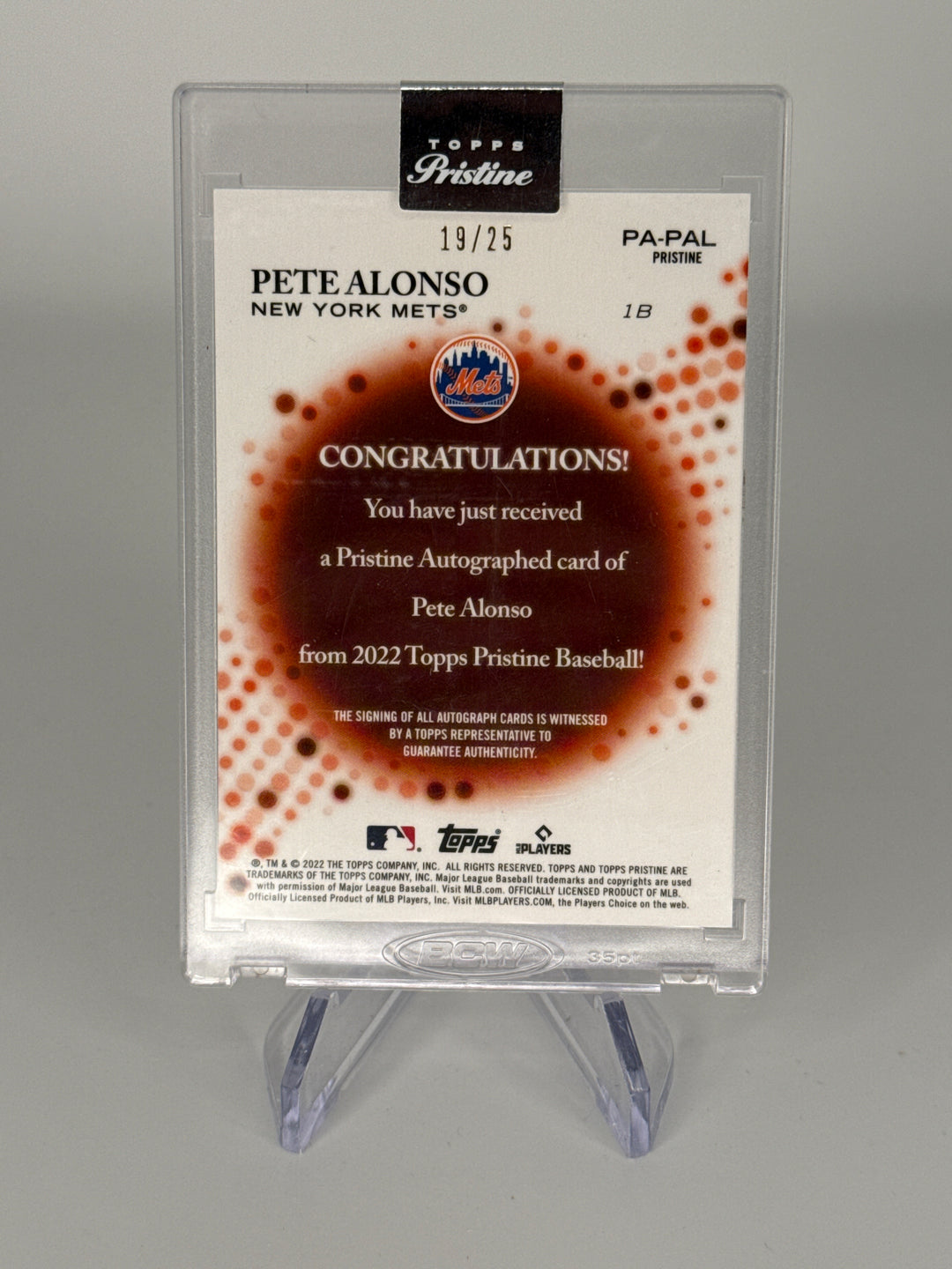 Pete Alonso 2022 Topps Pristine Orange Auto, 19/25