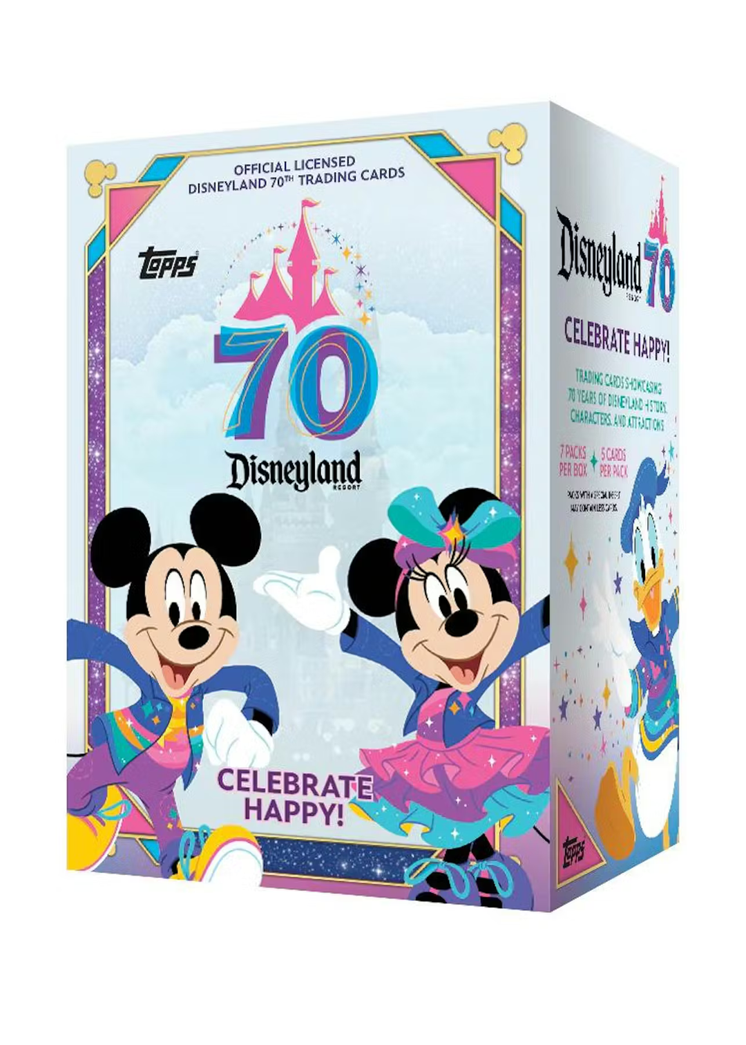 Disneyland 70th anniversary trading card box with Mickey and Minnie Mouse on a white background