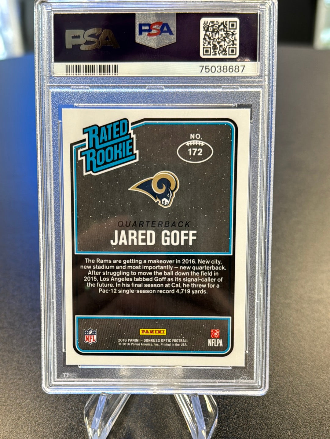 Jared Goff 2016 Panini Donruss Optic Rated Rookie Red & Yellow, PSA 9 Mint